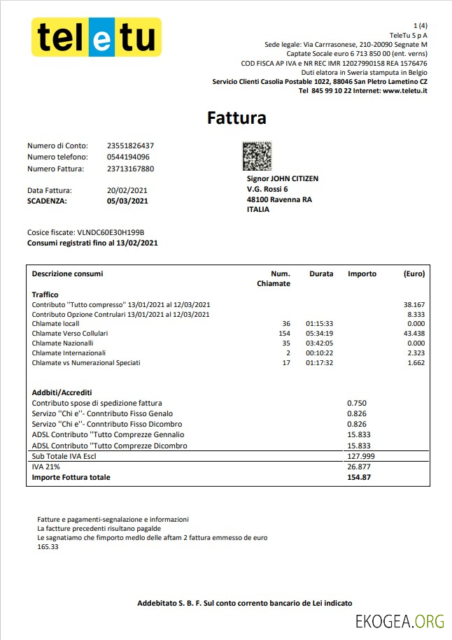 Italy TeleTu utility bill template in Word and PDF format